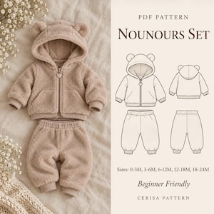 Bear Ear Hoodie and Pants Sewing Pattern PDF | Baby Plush Zip Jacket with Hood | Winter Set | Sizes 0-24M | Nounours