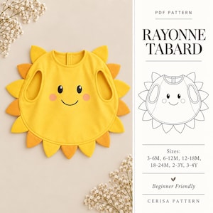 Peut inclure: Un tabard jaune en forme de soleil avec un visage souriant, doté de deux emmanchures et d'une fermeture à bouton au col. Le design inclut un document PDF avec le texte RAYONNE TABARD, des tailles de 3-6M à 3-4Y et la mention Beginner Friendly.