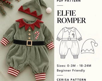 Op de afbeelding: Een PDF-patroon voor een Elfie-rompertje met een groene corduroy romper met een rode kraag, een zwarte riem met een gouden gesp en rood-wit gestreepte boorden. Inclusief een bijpassende groene muts met een rode zigzagrand.
