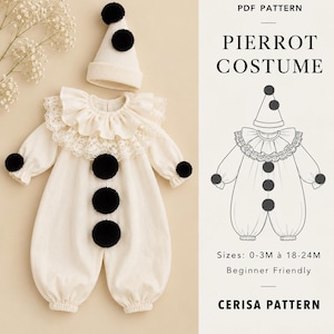 Peut inclure: Un patron PDF de costume de Pierrot couleur crème comprenant une barboteuse à manches longues avec un col en dentelle et trois pompons noirs sur le devant, ainsi qu'un chapeau conique assorti avec deux pompons noirs. Inclut des croquis.