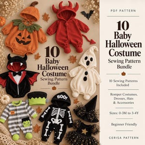 Baby Halloween Costume Sewing Pattern Bundle PDF | 10 Romper Patterns | Pumpkin Bat Witch Vampire Outfit | Sizes 0M-4Y | Petits Monstres