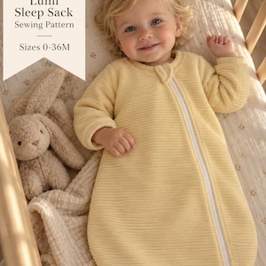 May include: A pale yellow long-sleeved sleep sack with a vertical ribbed texture and a white front zipper. Text on the image reads: Cerisa Pattern, PDF, Lumi Sleep Sack Sewing Pattern, Sizes 0-36M. A plush tan rabbit toy sits nearby.