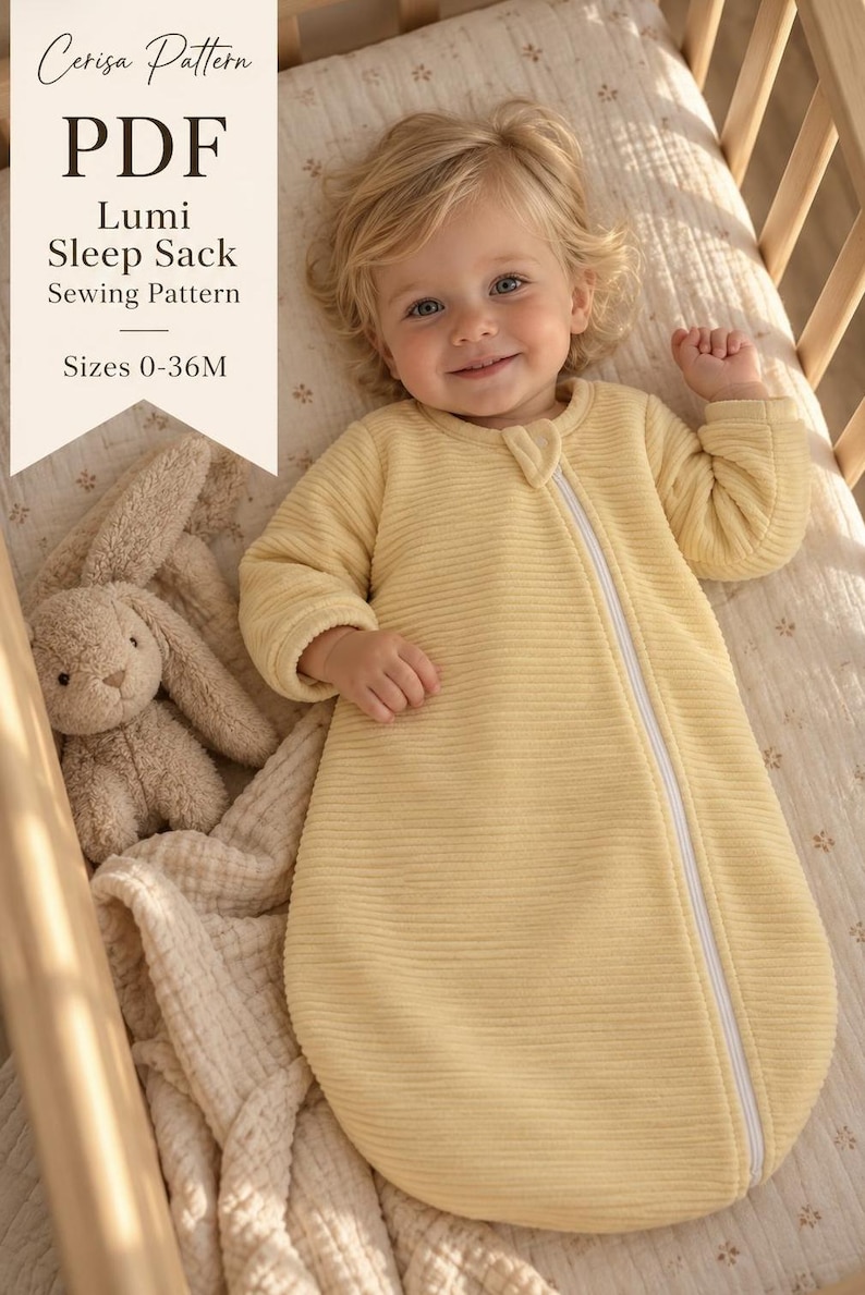 May include: A pale yellow long-sleeved sleep sack with a vertical ribbed texture and a white front zipper. Text on the image reads: Cerisa Pattern, PDF, Lumi Sleep Sack Sewing Pattern, Sizes 0-36M. A plush tan rabbit toy sits nearby.