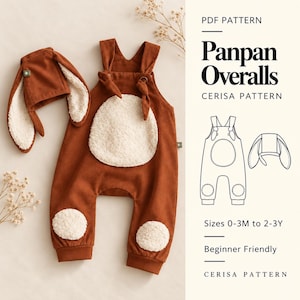 May include: A rust-colored overall and matching hat set with cream-colored sherpa-style circular patches on the chest and knees. The hat features long, floppy bunny-style ears. Text on the right reads PDF Pattern Panpan Overalls Cerisa Pattern.