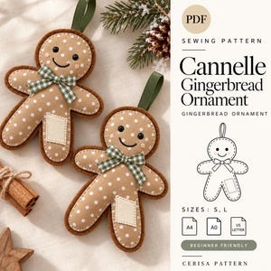May include: A PDF sewing pattern for a Cannelle Gingerbread Ornament featuring two tan felt gingerbread figures with white polka dots, green gingham bows, and a green ribbon loop. The text includes "Cannelle Gingerbread Ornament" and "SIZES: S, L".