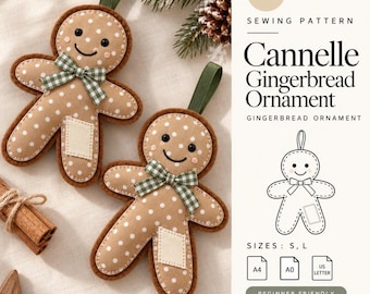 Op de afbeelding: Een PDF-naaipatroon voor een Cannelle peperkoekornament met twee beige viltfiguren met witte stippen, groene gingham strikjes en een groen lintje. De tekst bevat "Cannelle Gingerbread Ornament" en "SIZES: S, L".