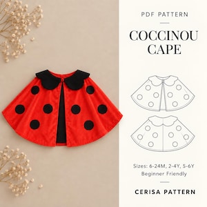 Könnte beinhalten: Ein roter Umhang mit schwarzen Punkten und einem schwarzen, gewellten Kragen. Der Text lautet PDF PATTERN COCCINOU CAPE, Sizes: 6-24M, 2-4Y, 5-6Y, Beginner Friendly, CERISA PATTERN. Das Bild enthält eine technische Strichzeichnung des Umhangs.