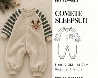 Op de afbeelding: Een beige slaappakje met donkergroene en beige gestreepte mouwen, voorzien van een rendierapplicatie op de borst. De tekst luidt PDF PATTERN COMETE SLEEPSUIT Sizes: 0-3M - 18-24M Beginner Friendly CERISA PATTERN met een lijntekening.