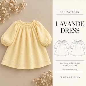 Baby Dress Sewing Pattern PDF | Gathered Girl Dress with Ruffle Sleeves | Baby and Toddler | Sizes 0-3M to 18-24M | Lavender Dress