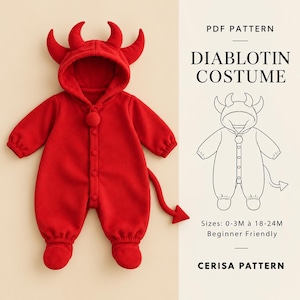 Może przedstawiać: Czerwony pajacyk niemowlęcy z kapturem, dwoma pluszowymi rogami, zapięciem na guziki i ogonem. Tekst głosi PDF PATTERN DIABLOTIN COSTUME, Sizes: 0-3M à 18-24M, Beginner Friendly, CERISA PATTERN, wraz z rysunkiem technicznym kostiumu.