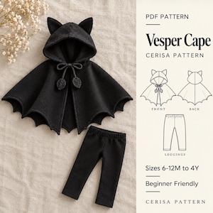 Bat Cape Sewing Pattern PDF | Hooded Toddler Cape with Ears and Leggings | Halloween Kids Costume | Sizes 6-12M to 4Y | Vesper