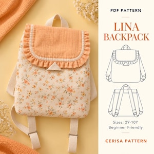 May include: A backpack featuring a cream-colored base with a small orange floral print, a solid orange flap with a ruffled edge, and beige straps. The image includes text: PDF PATTERN LINA BACKPACK, line drawings of the bag, and Sizes: 2Y-10Y.