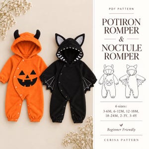 May include: Two hooded rompers, one orange with a black jack-o'-lantern face and horns, the other black with bat wings and ears. Text reads: PDF PATTERN POTIRON ROMPER & NOCTULE ROMPER, 6 sizes: 3-6M, 6-12M, 12-18M, 18-24M, 2-3Y, 3-4Y, Beginner Friendly, CERISA PATTERN.