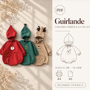 Peut inclure: Un patron de couture PDF pour un ensemble barboteuse et bonnet de lutin de Noël, avec trois barboteuses en rouge, vert et beige à capuches assorties. Le texte inclut Guirlande, Christmas Romper & Elf Hat Set, Sizes 0-3M - 18-24M, A4, A0, Beginner Friendly.