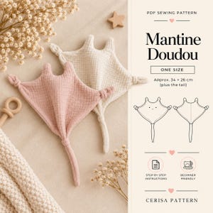 Op de afbeelding: Een PDF-naaipatroon voor een Mantine Doudou, met een pijlstaartrogvormig knuffeldoekje van roze en crèmekleurige mousseline. Het patroon bevat stapsgewijze instructies en afmetingen van ongeveer 34 x 26 cm.