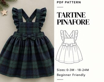 Op de afbeelding: Een PDF-patroon voor een Tartine Pinafore-jurk van donkergroene en marineblauwe ruitstof met ruches aan de schouderbanden en een klein strikje in de taille. Het document bevat een lijntekening, maten van 0-3M tot 18-24M en tekst.