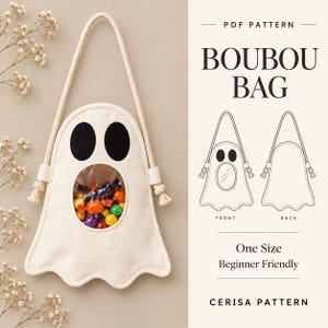 May include: A cream-coloured ghost-shaped bag with black oval eyes and a clear circular window filled with colourful sweets. The bag features a thick rope handle and is accompanied by a PDF pattern diagram labelled BOUBOU BAG, One Size, Beginner Friendly, CERISA PATTERN.