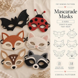 Felt Animal Mask Sewing Pattern PDF | Bat Ladybug Fox Cat Deer Raccoon | Halloween Costume Masks | Kids and Adult Sizes | Mascarade