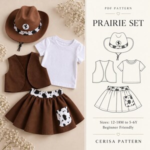 Molde em PDF para Fantasia de Cowgirl | Colete e Saia Rodada com Estampa de Vaca para Meninas | Tamanhos 12-18M a 5-6A | Conjunto Estilo Prairie