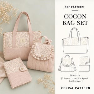 May include: A PDF pattern set titled COCON BAG SET by CERISA PATTERN, featuring a tote bag, a small backpack with a ruffled flap, and a book cover, all made from a light pink fabric with a small floral print and quilted texture.
