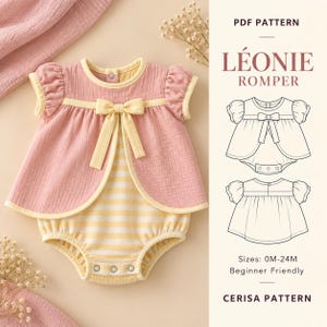 Può includere: Una tutina a righe rosa e gialle con uno strato superiore rosa tinta unita, maniche a sbuffo e un fiocco giallo sullo scollo. Il testo recita PDF PATTERN LÉONIE ROMPER, Sizes: 0M-24M, Beginner Friendly, CERISA PATTERN. Presenta chiusure a scatto.