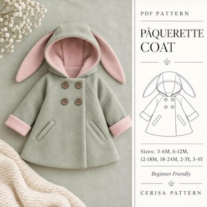 Patrón de costura en PDF para abrigo de conejito | Chaqueta de lana para bebé con capucha y orejas | Conjunto de Pascua forrado | Tallas 3M-4Y | Daisy