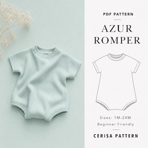 Peut inclure: Une barboteuse côtelée vert sauge clair avec des manches courtes et un col rond. L'image contient le texte PDF PATTERN AZUR ROMPER, Sizes: 1M-24M, Beginner Friendly, et CERISA PATTERN, ainsi qu'un dessin au trait noir et blanc du vêtement.