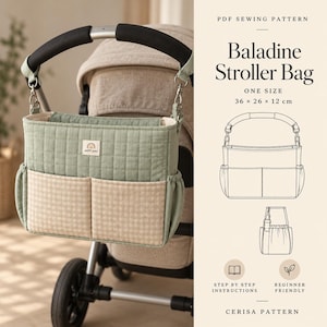 May include: A sage green and beige gingham quilted stroller bag with a small rectangular label reading petit pau. The bag features two front pockets and side pockets, hanging from a stroller handle. Text reads PDF Sewing Pattern Baladine Stroller Bag.