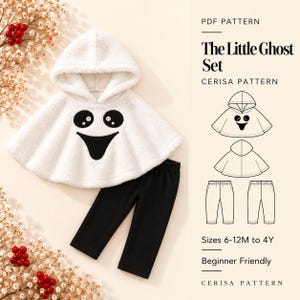 May include: A white hooded poncho with a black ghost face graphic and black trousers. The text reads PDF PATTERN The Little Ghost Set CERISA PATTERN, showing line drawings of the poncho and trousers with sizes 6-12M to 4Y and Beginner Friendly.