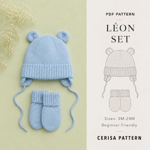 Könnte beinhalten: Eine hellblaue Strickmütze mit Bärenohren und passenden Fäustlingen, begleitet von einer PDF-Anleitung namens LÉON SET. Die Anleitung enthält eine Strichzeichnung der Mütze und Fäustlinge sowie Angaben zu den Größen 0M-24M und Anweisungen.