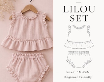 May include: A dusty pink two-piece set consisting of a sleeveless top with ruffled shoulders and a ruffled hem, and matching bloomers with elastic waist and leg openings. The text reads PDF PATTERN LILOU SET Sizes: 1M-24M CERISA PATTERN.