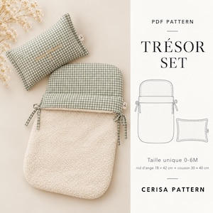 Op de afbeelding: Een PDF-patroon voor een Trésor-set met een saliegroen en wit gingham babynestje en kussen. De set bevat een technische tekening met afmetingen van 78 x 42 cm voor het nestje en 30 x 40 cm voor het kussen, aangegeven voor maat 0-6 maanden.