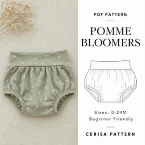 Peut inclure: Un patron PDF pour Pomme Bloomers avec un tissu vert sauge à petites fleurs blanches et une illustration au trait. Le texte indique PDF PATTERN, POMME BLOOMERS, Sizes: 0-24M, Beginner Friendly, et CERISA PATTERN.