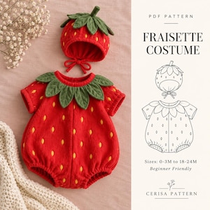 Strawberry Costume Sewing Pattern PDF | Baby Bubble Romper with Leaf Collar & Bonnet | Sizes 0-24M | Strawberry Costume