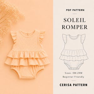 May include: A peach-colored ribbed romper with ruffled sleeves and a two-tiered ruffled skirt. The image includes a line drawing of the romper labeled PDF PATTERN SOLEIL ROMPER, Sizes: 0M-24M, Beginner Friendly, and CERISA PATTERN.