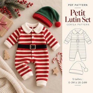 Pode incluir: Um molde em PDF para um conjunto Petit Lutin da Cerisa Pattern, incluindo um macacão de riscas vermelhas e brancas com gola branca, um cinto preto com fivela dourada e um gorro pontiagudo verde e vermelho com pompom, em 5 tamanhos 0-3M a 18-24M.