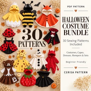 Paquete de 30 patrones de costura de Halloween en PDF | Disfraces para bebés y niños, capas, bolsas para dulces
