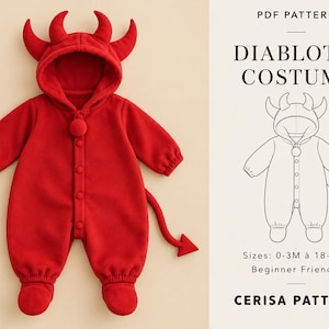 Devil Costume Sewing Pattern PDF | Baby Halloween Romper with Horned Hood & Tail | Red Devil Costume | Sizes 0-24M | Imp Costume