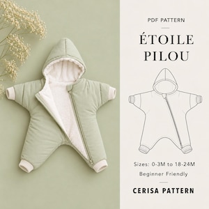 Patrón de costura en PDF para traje de bebé con estampado de estrellas | Mono de nieve con capucha para bebé | Tallas 0-24M | Star Pilou