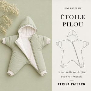 Star Pram Suit Sewing Pattern PDF | Hooded Baby Snowsuit | Sizes 0-24M | Star Pilou