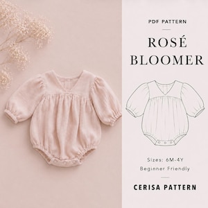 May include: A pale pink baby bloomer with long sleeves, a V-neckline, and gathered fabric. The image includes text: PDF PATTERN ROSÉ BLOOMER, Sizes: 6M-4Y, Beginner Friendly, CERISA PATTERN, and a black and white line drawing of the garment.
