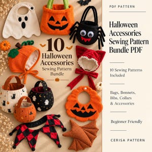 Pode incluir: Uma coleção de moldes de costura com tema de Halloween, incluindo um babador de fantasma, um balde de abóbora, uma bolsa de aranha, um gorro de abóbora, uma bolsa com estampa de gato, uma bolsa com estampa de fantasma, um gorro vermelho com orelhas de gato, um babador de abóbora, asas de morcego e um colarinho de bobo da corte vermelho e preto com texto.