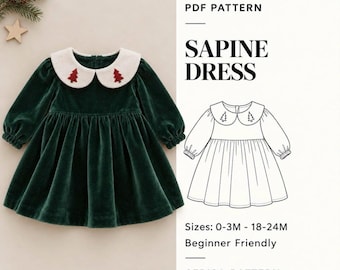 Op de afbeelding: Een donkergroene fluwelen jurk met lange mouwen, een geplooide rok en een witte ronde kraag met geborduurde rode kerstboommotieven. De afbeelding bevat de tekst PDF PATTERN SAPINE DRESS, Sizes: 0-3M - 18-24M en CERISA PATTERN.