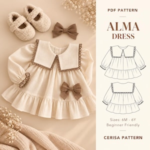 May include: A cream-colored long-sleeve dress with a wide collar, brown lace trim, and a brown bow. Includes matching cream-colored fuzzy shoes, a brown hair bow, and a PDF pattern labeled ALMA DRESS with technical sketches.