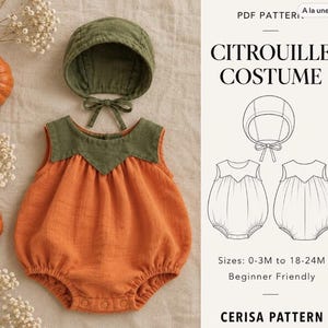 Può includere: Un cartamodello PDF per costume da zucca che include una tutina arancione senza maniche con sprone verde e una cuffietta abbinata. Il testo recita: PDF PATTERN, CITROUILLE COSTUME, Sizes: 0-3M to 18-24M, Beginner Friendly, CERISA PATTERN.