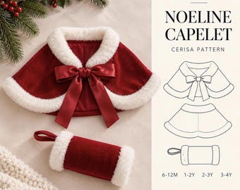 Op de afbeelding: Een rood fluwelen capelet met witte imitatiebontrand en een bijpassende rode satijnen strik, vergezeld van een rode fluwelen mof met witte imitatiebont uiteinden. De afbeelding bevat de tekst PDF PATTERN NOELINE CAPELET CERISA PATTERN.