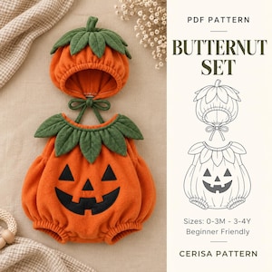 May include: A PDF pattern for a Butternut Set, featuring a pumpkin-themed outfit with a hat and romper. The orange fleece romper and hat have green leaf accents and a black jack-o'-lantern face. Text includes: PDF PATTERN, BUTTERNUT SET, Sizes: 0-3M - 3-4Y, Beginner Friendly, CERISA PATTERN.