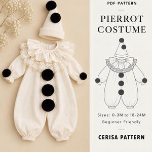 Pierrot Costume Sewing Pattern PDF | Baby Clown Romper with Ruffle Collar & Hat | Halloween Costume | Sizes 0-24M | Pierrot