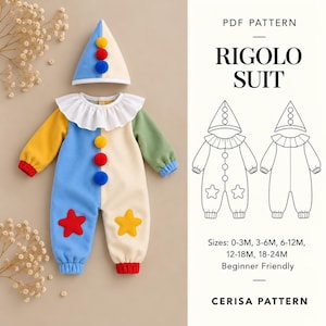 Puede incluir: Un patrón PDF para un traje Rigolo que incluye un mono multicolor con cuello de volantes blanco, tres pompones y aplicaciones de estrellas, junto con un sombrero cónico a juego. El documento incluye dibujos técnicos y tallas.