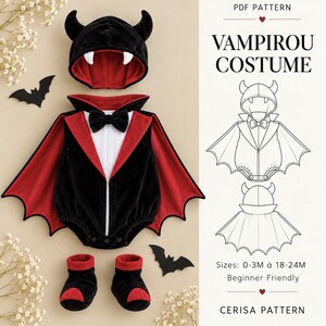 Baby Vampire Costume Sewing Pattern PDF | Romper with Cape and Hood | 0-24M | Vampirou